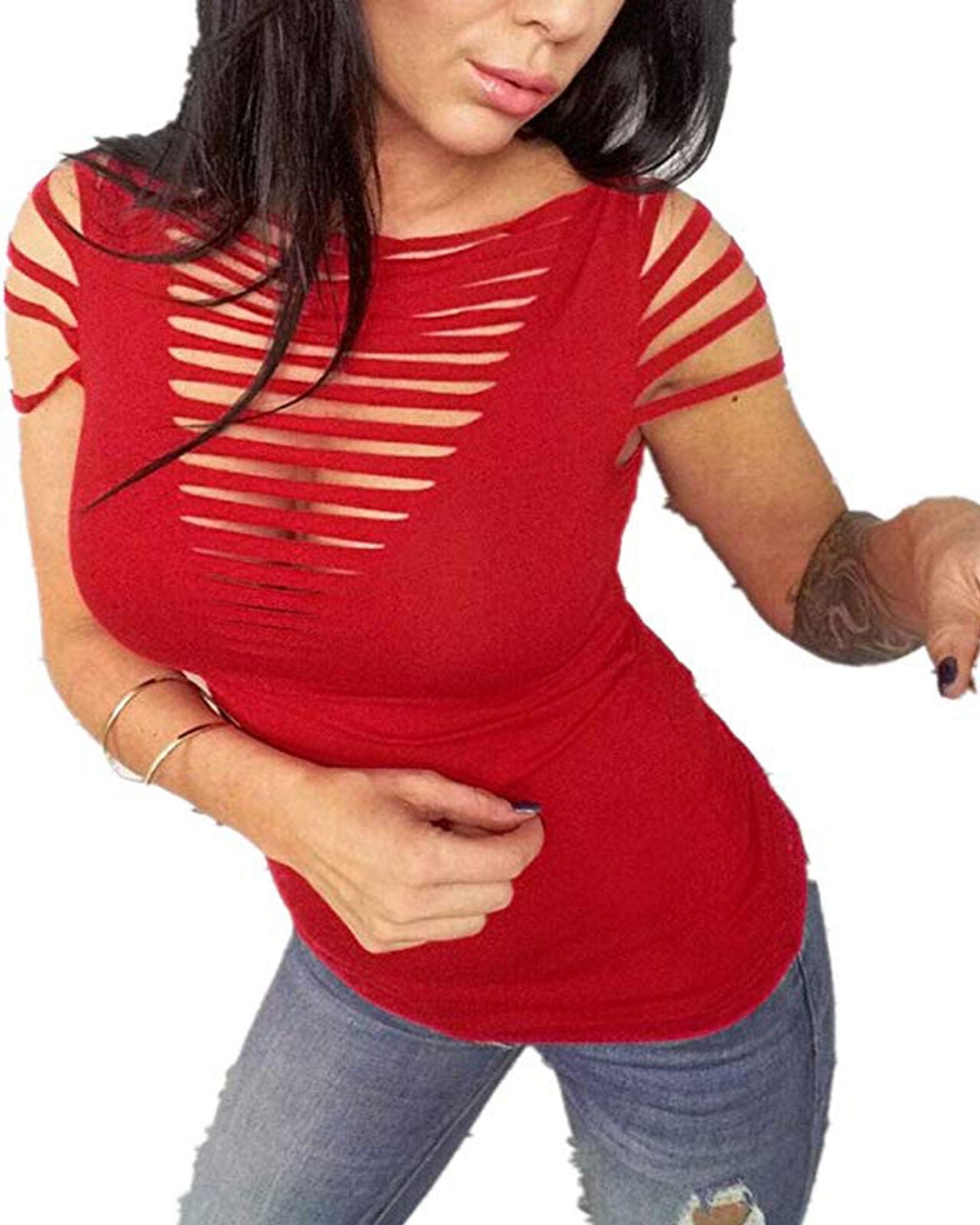 Multitrust Multitrust Women Cut Out Neck Hole Short Sleeve Summer