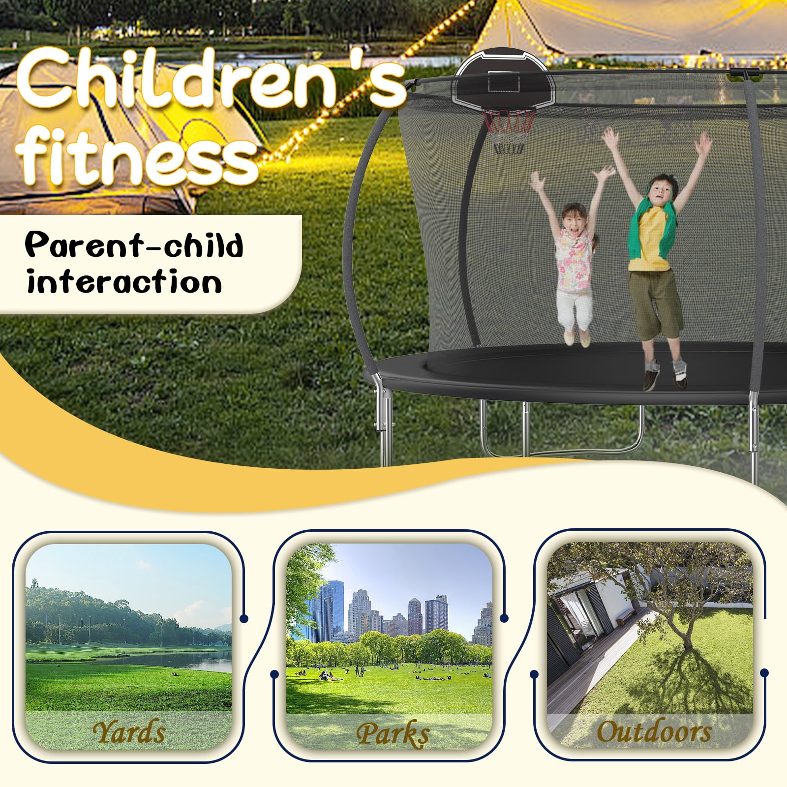 14FT Outdoor Trampoline with Basketball Hoop and Ladder for Kids and Adults，Heavy Duty Recreational Pumpkin Trampoline with Safety Enclosure,Anti-Rust Frame,Backyard Trampoline for Gift,Black