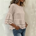 thumbnail image 4 of Lenpel Womens Cotton Linen Tops Fall 3/4 Length Sleeve Crew Neck Peplum Blouses Casual Fashion Hollow out Shirts, 4 of 7