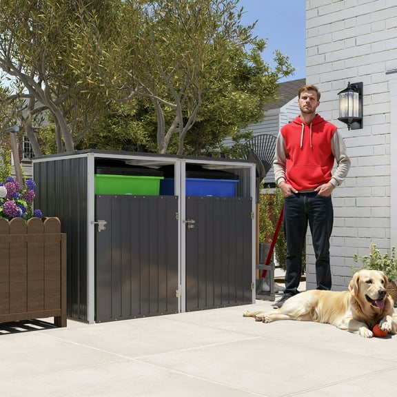 Outdoor Trash Can Storage Shed, 54 Cu.Ft Outside Garbage Can Storage Shed, Waterproof Horizontal Storage Cabinet, Bicycle Sheds & Outdoor Storage Clearance, Dark Grey