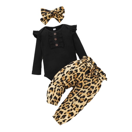

YWDJ 0-24Months Toddler Fall Long Sleeve Romper + Leopard Trousers + Headband Three-piece Set Yellow 18-24Months