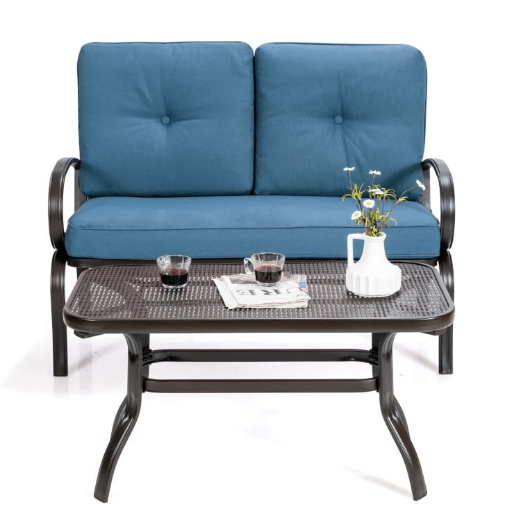 Aimee Lii 2 Pieces Patio Outdoor Cushioned Coffee Table Seat, 2 Seat Outdoor Sofa, Blue Aimee Lii 2 Pieces Patio Outdoor Cushioned Coffee Table Seat, 2 Seat Outdoor Sofa, Blue