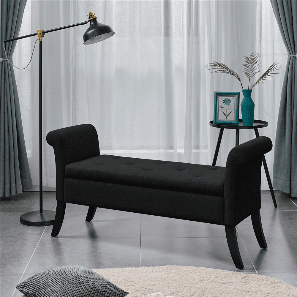 Yaheetech Modern Fabric Tufted Storage Bench Cushioned Ottoman Bench with Rolled Arms, Black