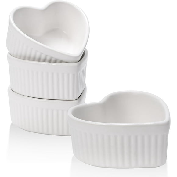 TEMOGU-4 pack 5oz Heart Shaped Ramekins Ceramic Bowl Bakeware for Souffle Creme Brulee Oven and Dishwasher Safe Baking Dishes Cute White Cookware for Kitchen