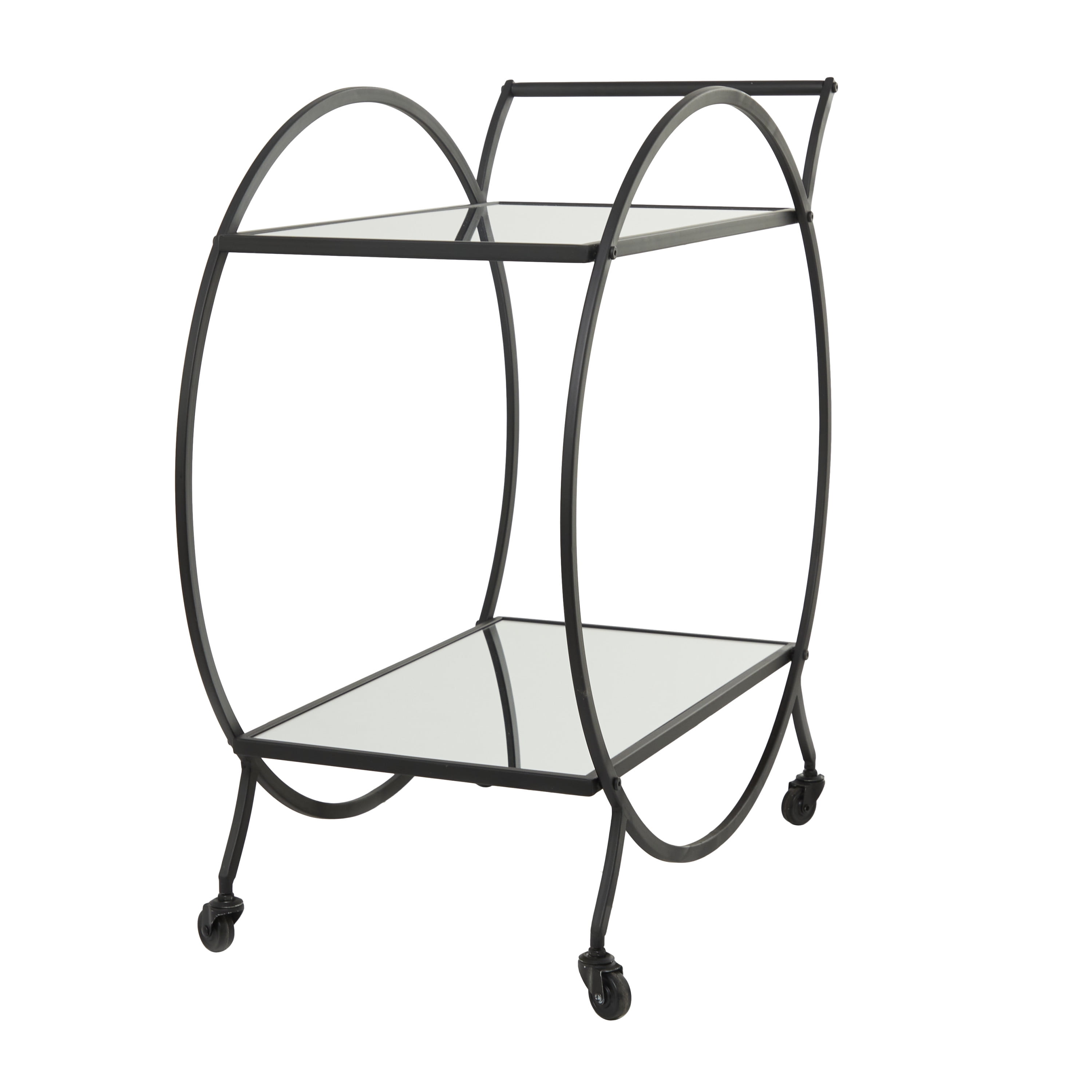 DecMode 14" x 30" Black Metal Rolling 2 Mirrored Shelves Bar Cart with Wheels and Handle, 1-Piece