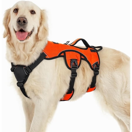 Pigo Escape Proof Dog Harness, Soft Padded Full Body Pet Harness, Reflective Adjustable No Pull Vest with Lift Handle and Lesh Clip for Large Dogs Walking Hiking Training, Orange