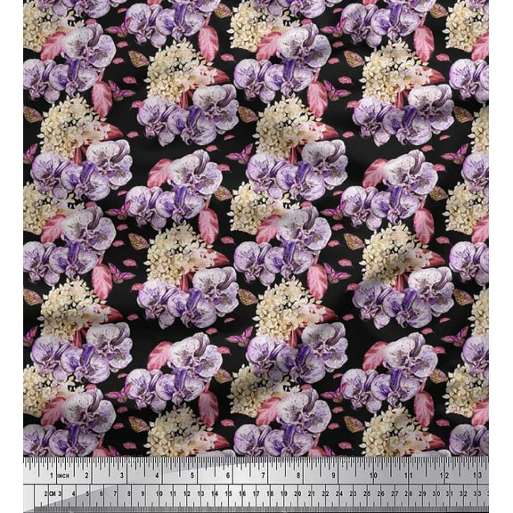 Soimoi Cotton Duck Fabric Insect,Pansy & Yellow Flower Floral Print Fabric by Yard 42 Inch Wide