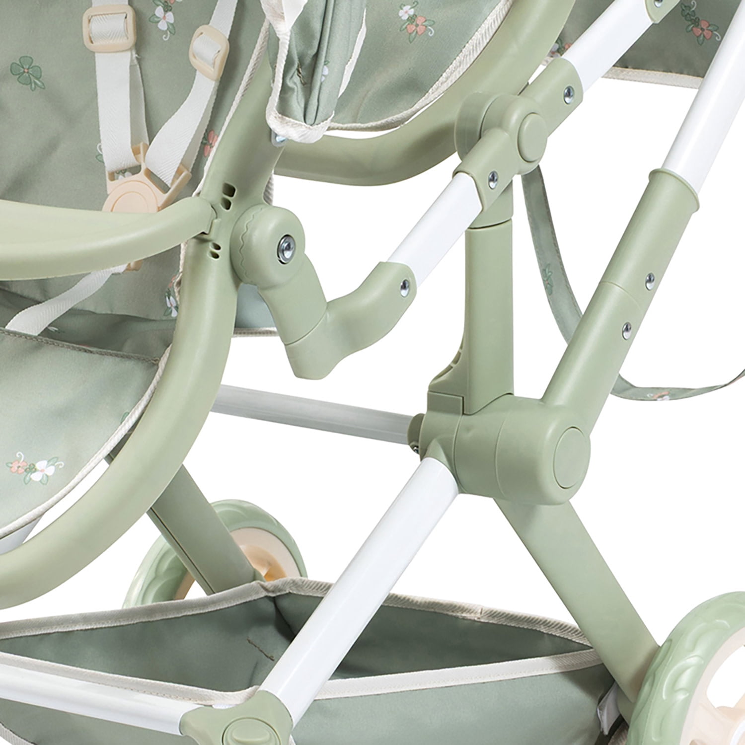 Bayer Design: Doll Pram Xeo Twin - Green & Flowers - Push Stroller, Adjustable Seats & Handle, Foldable, Handbag, Toy Seats 2 Dolls Up To 18", Kids 3+