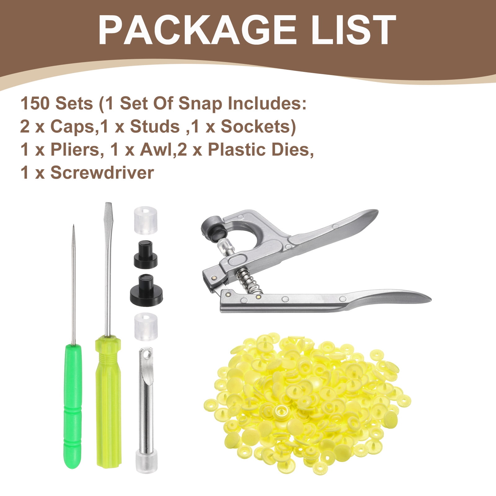 Uxcell Plastic Snaps Fasteners with Snap Pliers, 150 Set T5 Round Resin No-Sew Button Snap Fasteners Kit Yellow