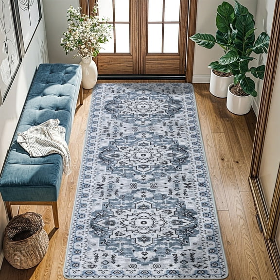 Sonoro Kate 2x10 Area Rugs for Living Room Bedroom, Non Slip Boho Machine Washable Indoor Floor Carpet, Blue-Gray