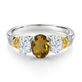thumbnail image 2 of Gem Stone King 925 Sterling Silver and 10K Yellow Gold Oval Whiskey Quartz White Moissanite and White Diamond 3 Stone Ring for Women (2.03 Cttw, Gemstone Birthstone, Size 6), 2 of 3