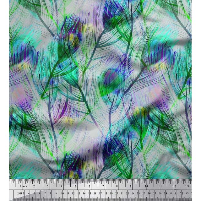 Soimoi polyester Crepe Fabric Peacock Feather Decor Fabric Printed Yard 52 Inch Wide