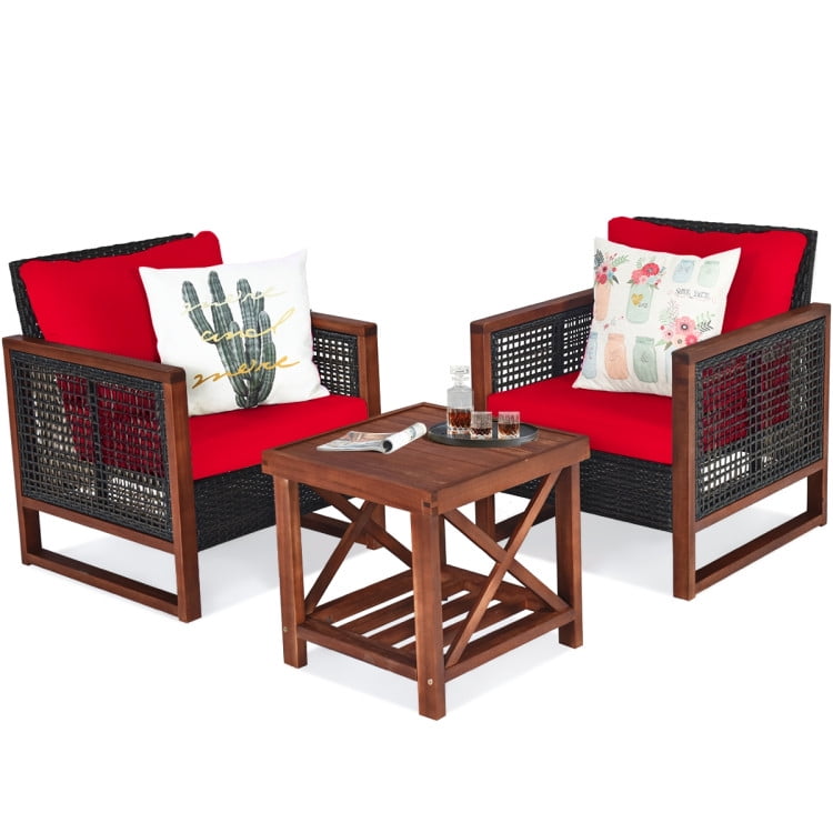 Aimee Lii 3 Pieces Patio Rattan Furniture Set with Washable Cushion and Acacia Wood Tabletop, Small Patio Set, B-Red Aimee Lii 3 Pieces Patio Rattan Furniture Set with Washable Cushion and Acacia Wood Tabletop, Small Patio Set, B-Red