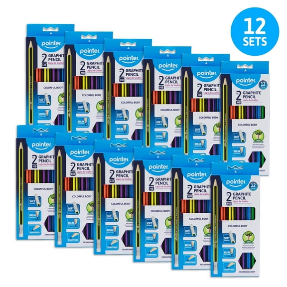 Pointer HB #2 Wood Pencils, 2.0mm Lead, Colorful Barrel, Eraser Tip, Pre-Sharpened, 144 Count (12 pack of 12), for School and Office