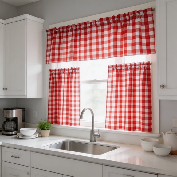 Kitchen Curtains Small Coffee Curtains Basement Filtering And Heat Insulating Curtains 3 Piece Set,Red