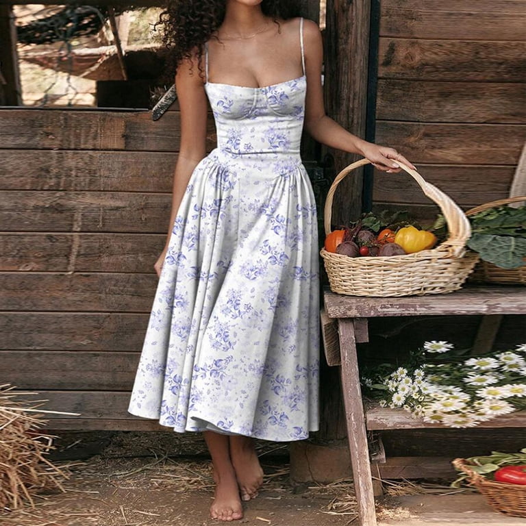white spaghetti strap fit and flare dress White Womens Spaghetti Strap Waist-Cinching Fit & Flare Midi Dress