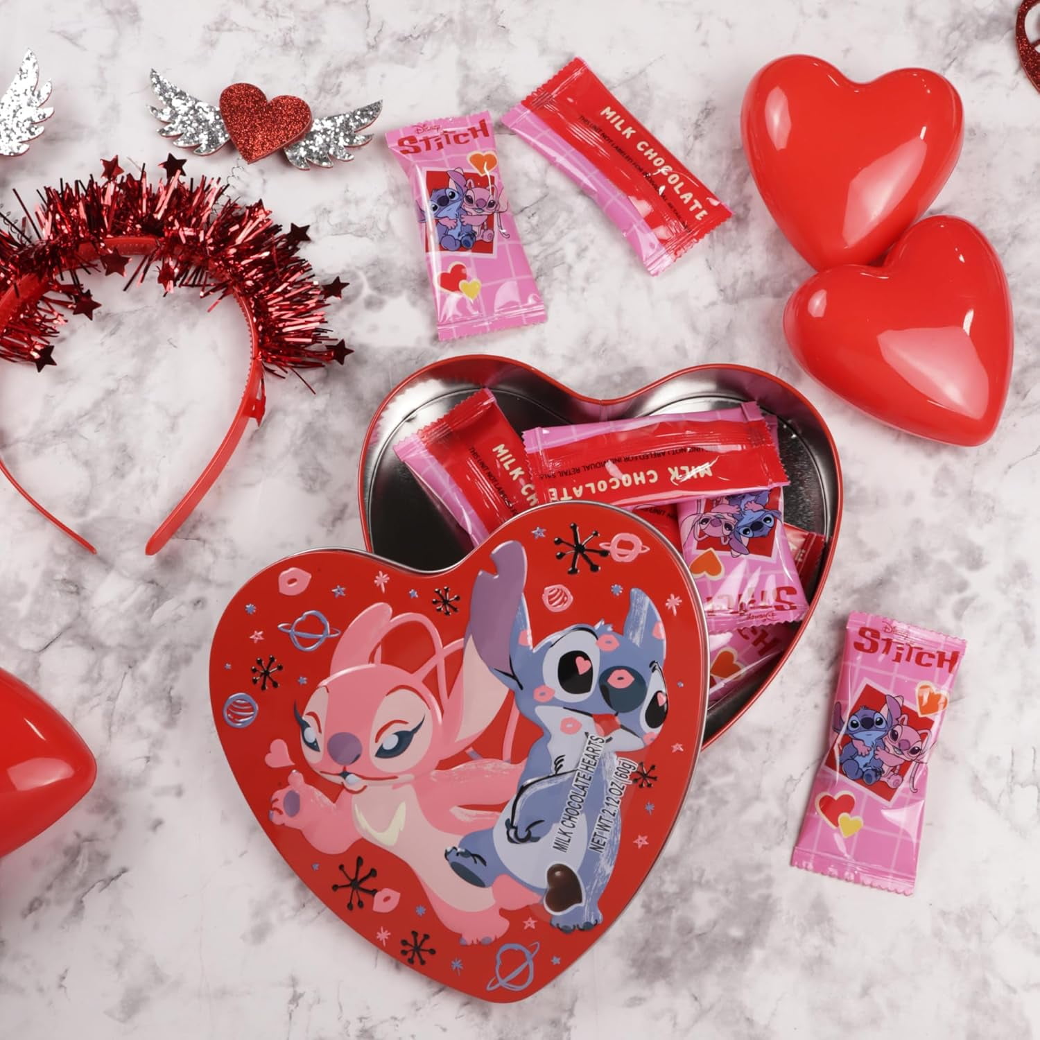 Lilo and Stitch Valentine’s Day Heart Box, 10 Individually Wrapped Milk Chocolates, Vday Candy Gift Set, 2.12 Ounces