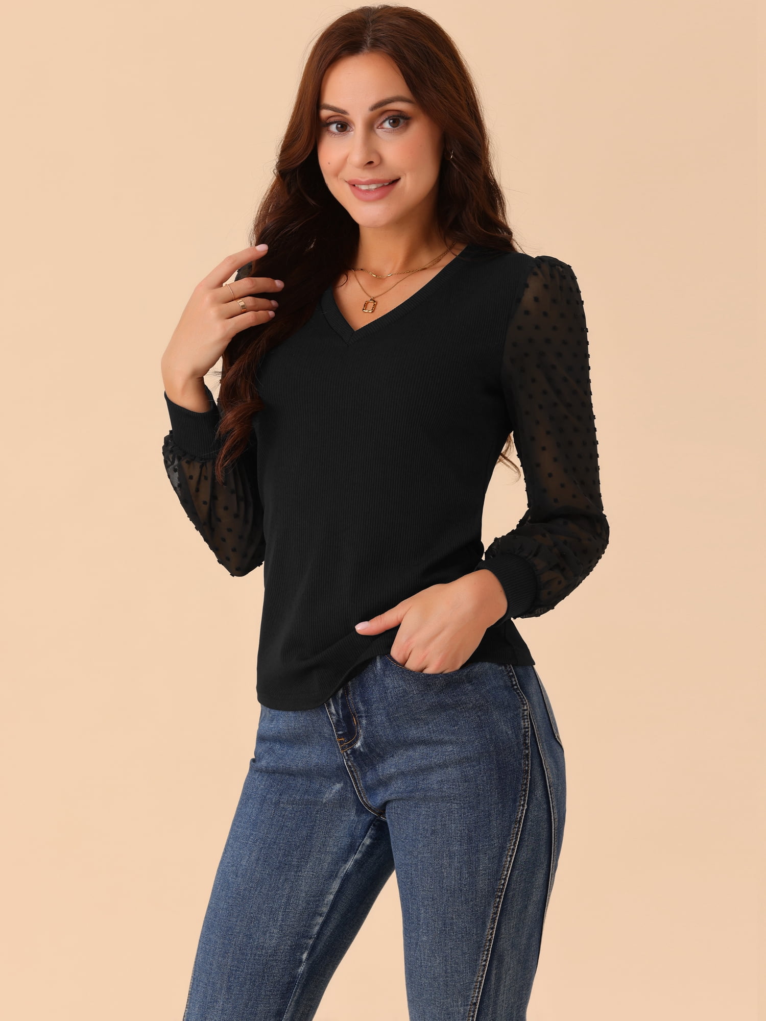 DARING DIVA Women's Long Sleeve V Neck Swiss Dot Mesh Sleeve Blouses S Black
