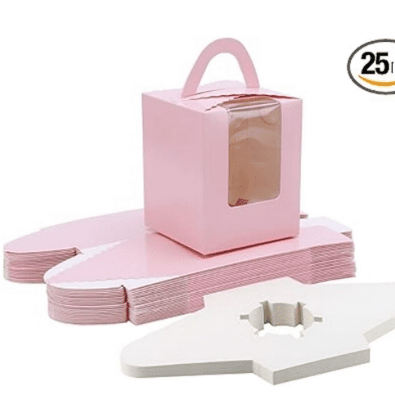 Individual Cupcake Boxes, 25pcs 3.6"x 3.6"x 4.3" Single Cupcake Carrier Containers, Muffin Cupcake Gift Boxes with Window Inserts Handle, for Wedding Birthday Party Treats Gift Packaging Boxes