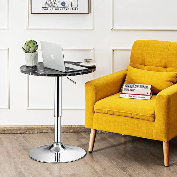 Round Pub Table Height Adjustable 360 Swivel Cocktail Bar Table with Marble Top and Black Base for Home Kitchen
