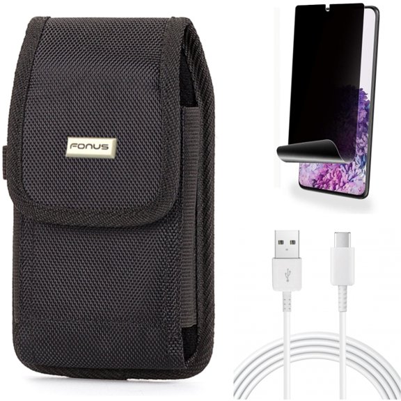 Privacy Screen Protector w 10ft USB-C Cable w Case Belt Clip for Samsung Galaxy S20 Plus - TPU Film [NOT GLASS] [Fingerprint Works], Type-C Charger Cord Power, Rugged Holster fits Galaxy S20 Plus