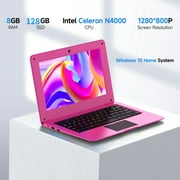 TOPOSH Mini Laptop 10.1 , 8GB RAM, 128GB SSD, Intel Celeron N4000 Duad Core, Windows 10, netbook small Laptop multilingual 180 ° open, Pink Laptop