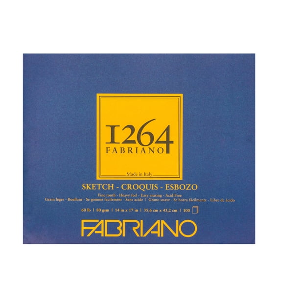 Fabriano 1264 Sketch Pad, Glue Bound, 14x17, 60 lb, 100 Sheets, 100% Alpha-Cellulose, Sketching & Drafting