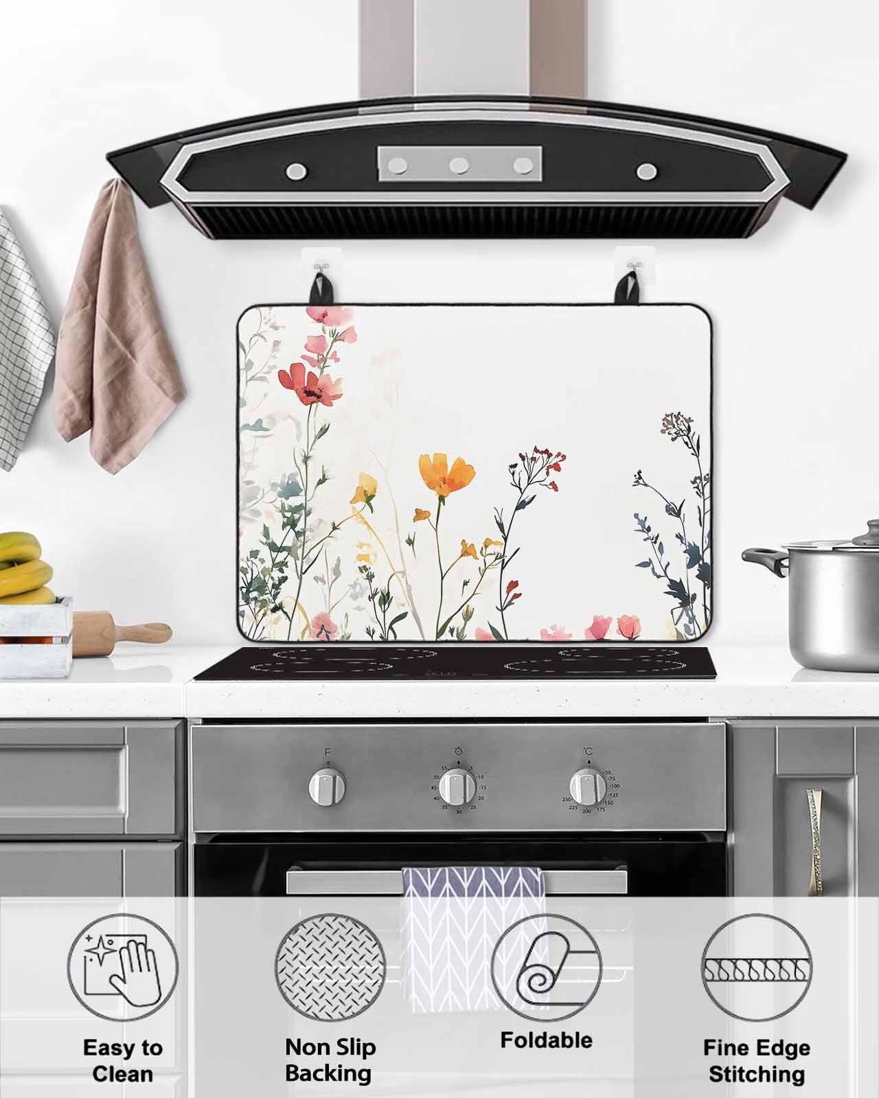 nqOlkjepod Large Induction Cooktop Protector Mat 24"x21", Spring Floral Stove Top Covers for Electric Stove, Botanical Summer Flower Decorative Stove Burner Cover Mats, Glass Top Stove Cover