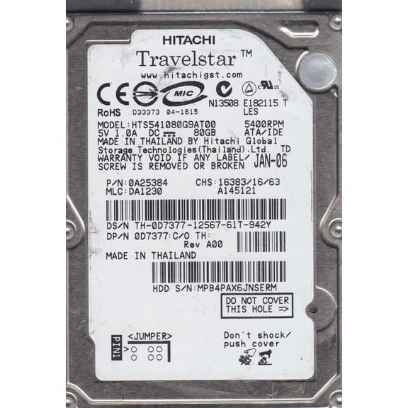 HTS541080G9AT00, PN 0A25384, MLC DA1230, Hitachi 80GB IDE 2.5 Hard Drive