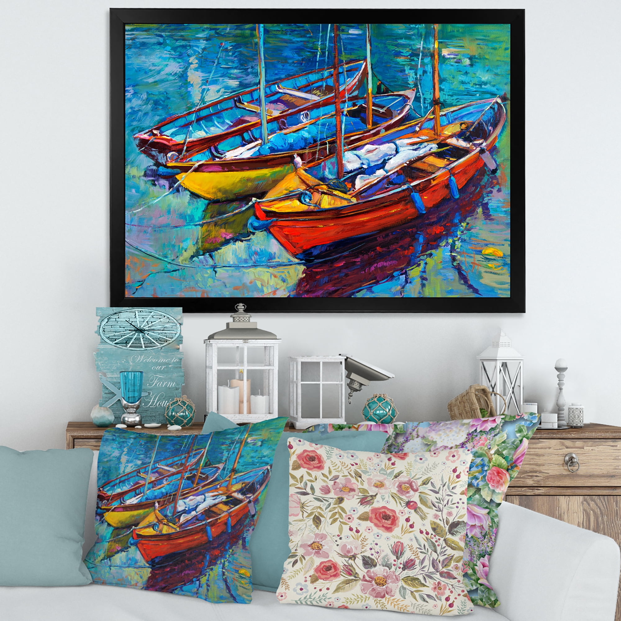 Designart 'Three Colorful Boats In The Harbor' Nautical & Coastal Framed Art Print