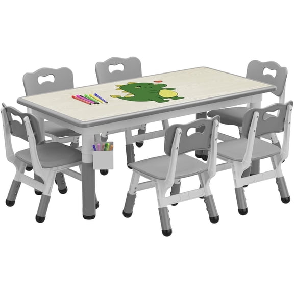 EastVita Table and 6 Chairs Set with Storage Box, Height Adjustable Toddler Table and Chair Set for Ages 2-10, Graffiti Desktop, Non-Slip Legs, Children Activity Table for Daycare Classroom Home