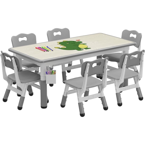 Mesa y 6 sillas set almacenamiento box - ajustable en altura niños pequeños mesa y chair set ages 2 - 10, superficie grafiti, non-slip legs, children's activity mesa daycare, classroom, home