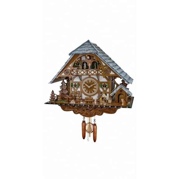 Quartz Cuckoo Clock  Black forest house with music and dancers, moving wood chopper and moving mill-wheel