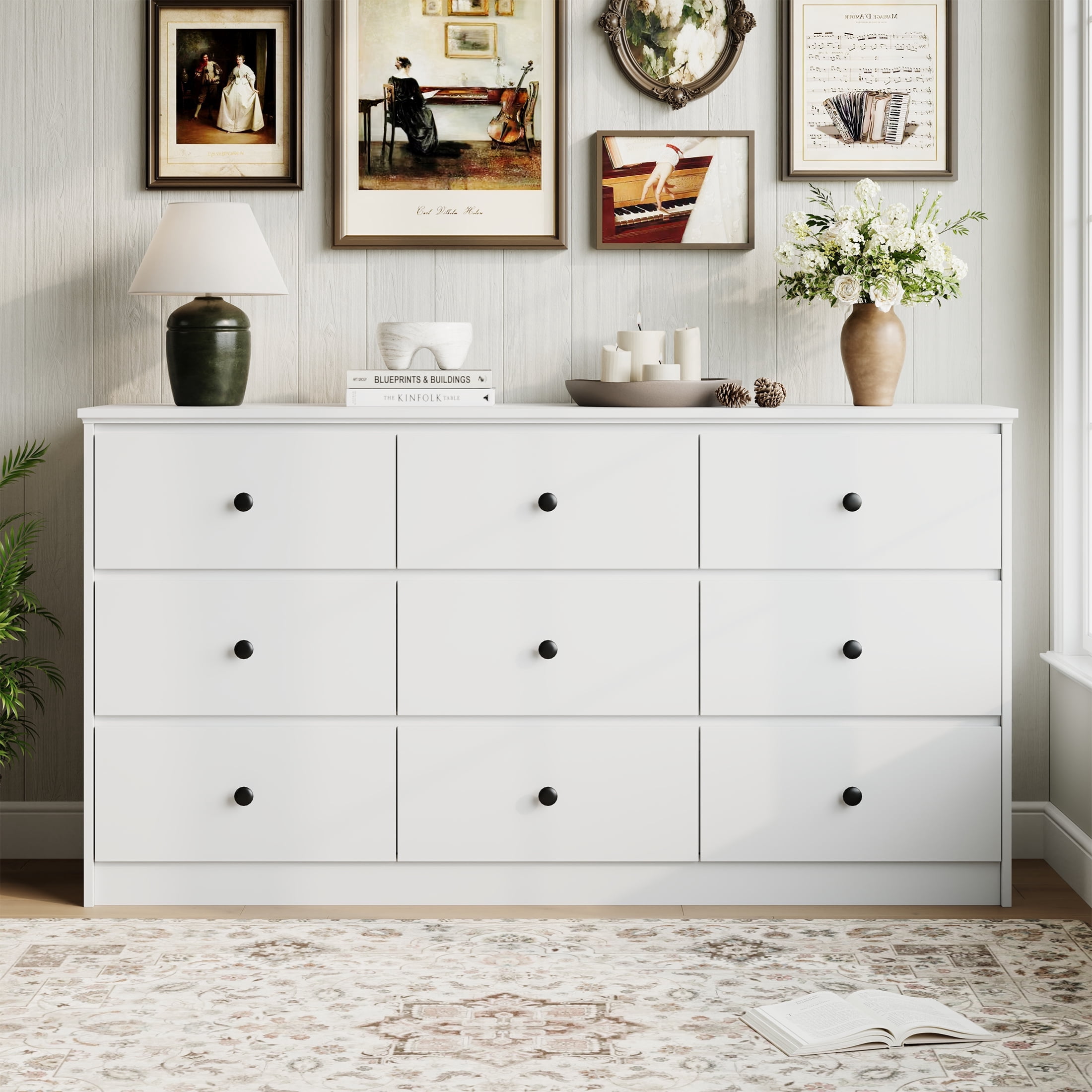YouTrend 9 Drawer Dresser for Bedroom, White Wood Adult Dresser Cabinet with Metal Handles for Living Room, Hallway