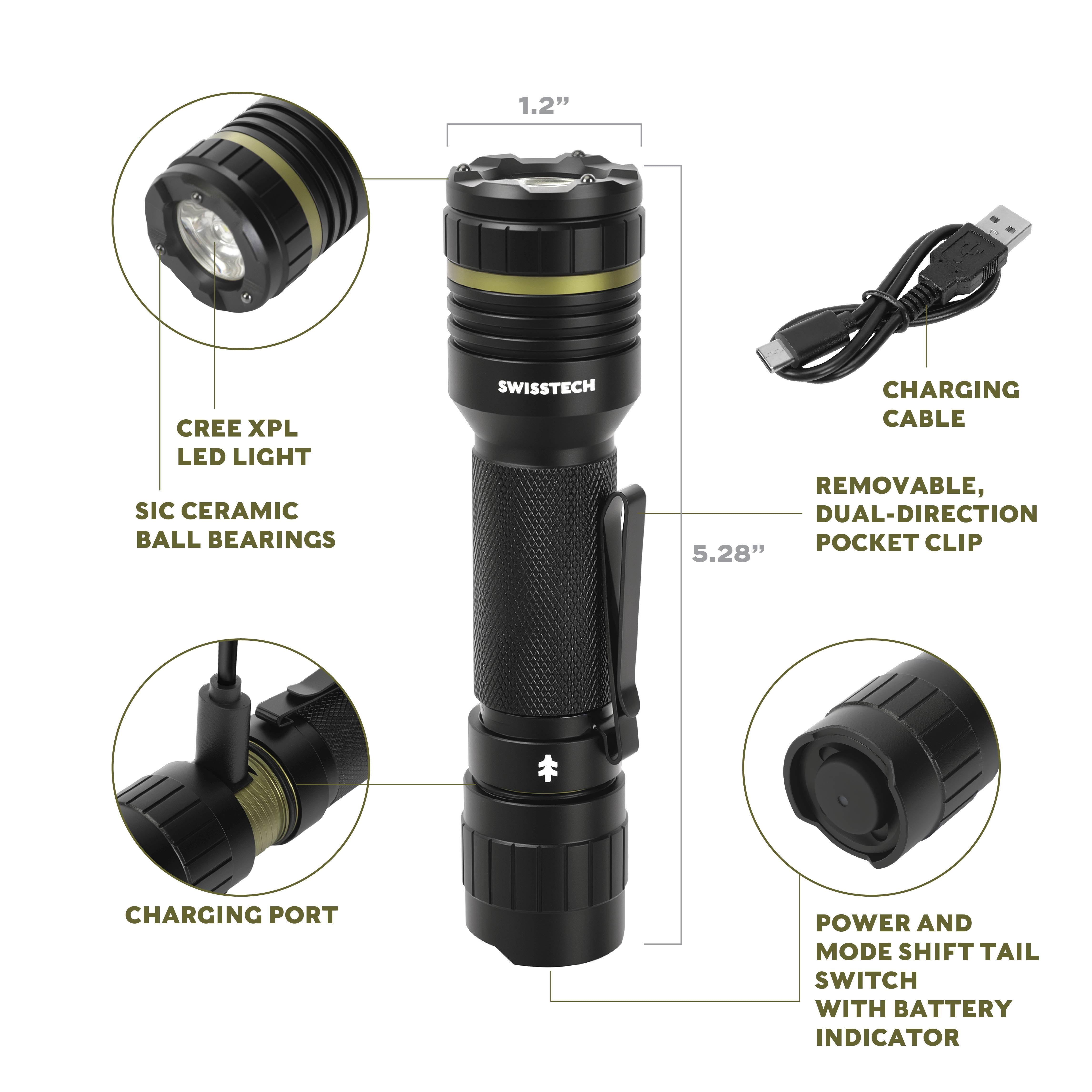 Swiss Tech 1500 Lumens Rechargeable Tactical LED Flashlight, Aluminum, Waterproof
