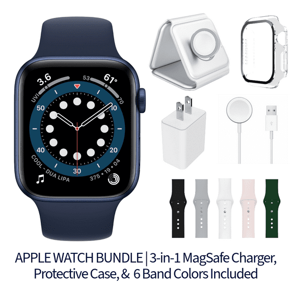 Restored Apple Watch Series 6 Bundle - 44mm GPS Blue (2020) - 3-in-1 MagSafe Charger, Protective Case & 6 Bands Included (Refurbished)