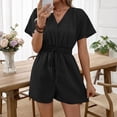 thumbnail image 3 of Morttic Women's Solid Color Casual V-Neck Short Sleeve Jumpsuit – Elastic Drawstring Waist Summer Daily & Vacation Wear Black，S, 3 of 7