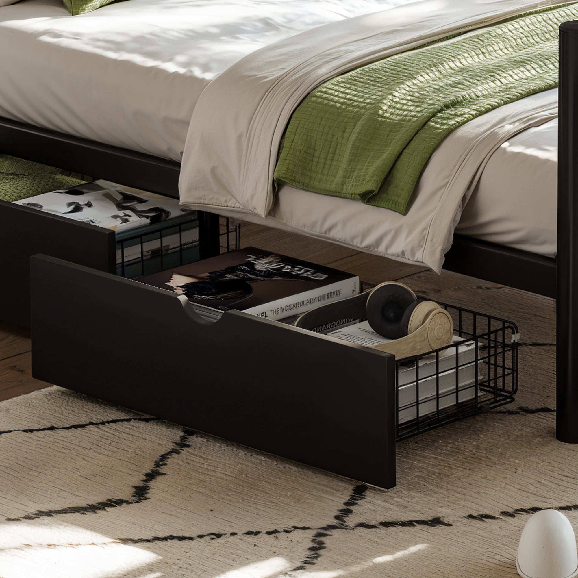 Leumius Full Size Platform Bed Frame with Storage Drawers, Metal Daybed Frame with Upgraded Safety Round-Pipe Design, Low Profile Design for Teens Adults Black