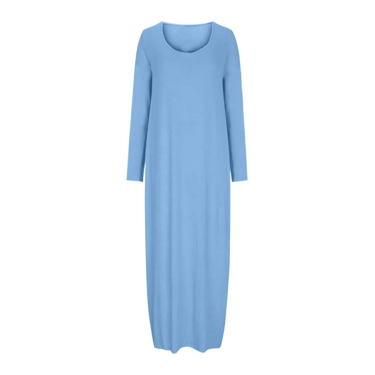 Blmnix Light Blue Wedding Guest Dresses for Women Fashion T-Shirt Long  Plain Casual Beach Long Sleeve Scoop Neck Dresses - Walmart.com