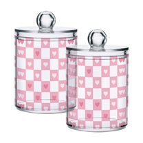 Yayeee 2 Pack Qtip Holder Dispenser for Bathroom with Lid Cotton Swab Canister, Pink Checkered Heart