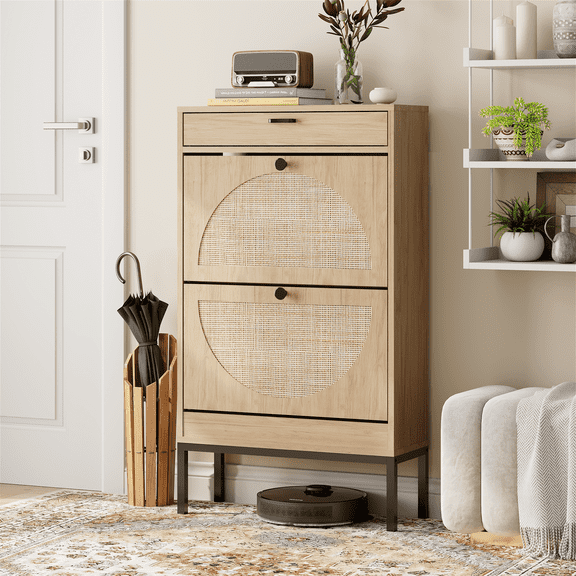 Brafabhome Narrow Shoe Storage Cabinet with 2 Flip Drawers, Rattan Floor Shoe Holder with Shelves & Sturdy Metal Legs for Entryway | 12 Pairs