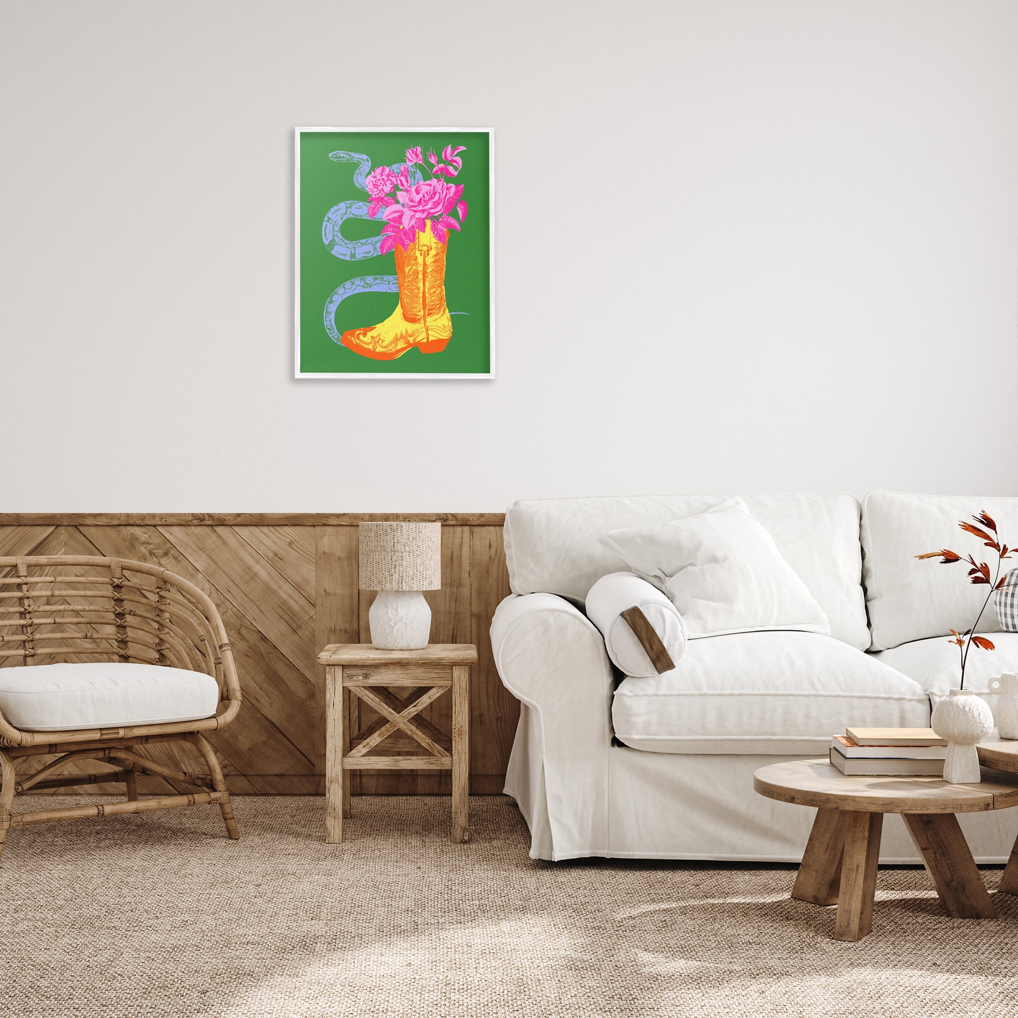 Stupell Industries Snake & Boot Bouquet Botanical & Floral Painting White Framed Art Print Wall Art, 24 x 30