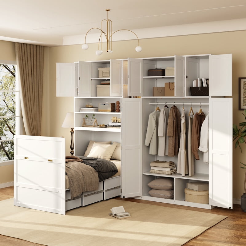 Twin Size Pull Out Murphy Bed with Wardrobe & Shelves, Storage Platform Bed Frame with LED Display Shelves & Overhead Cabinets