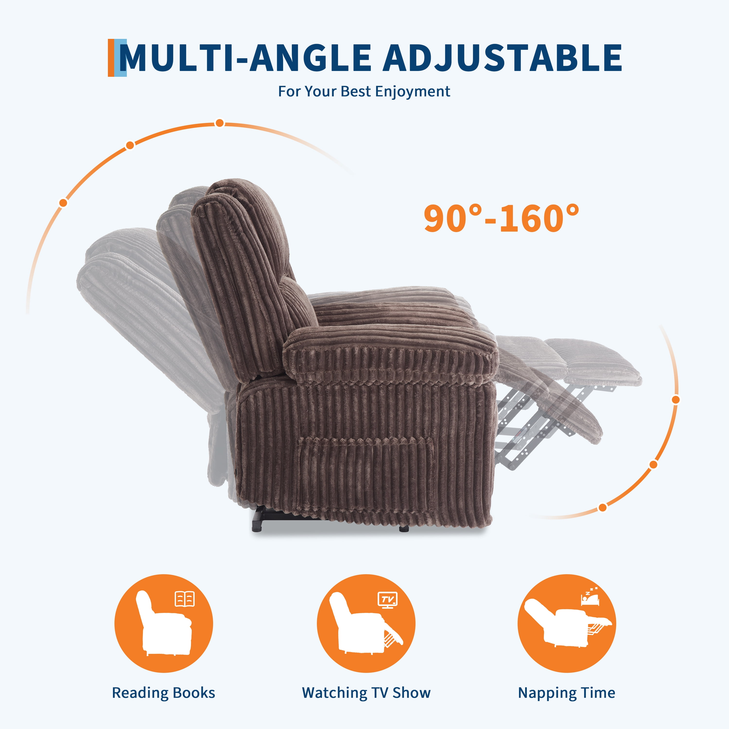 Garvee Corduroy Recliner Chair, Manual Adjustable 90°-160° Recliner Sofa with Side Pocket, Brown