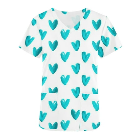 

Valentine s Day Womens T Shirt Casual Short Sleeve Loose Fit V Neck Love Heart Graphic Working Uniform Scrub Tops