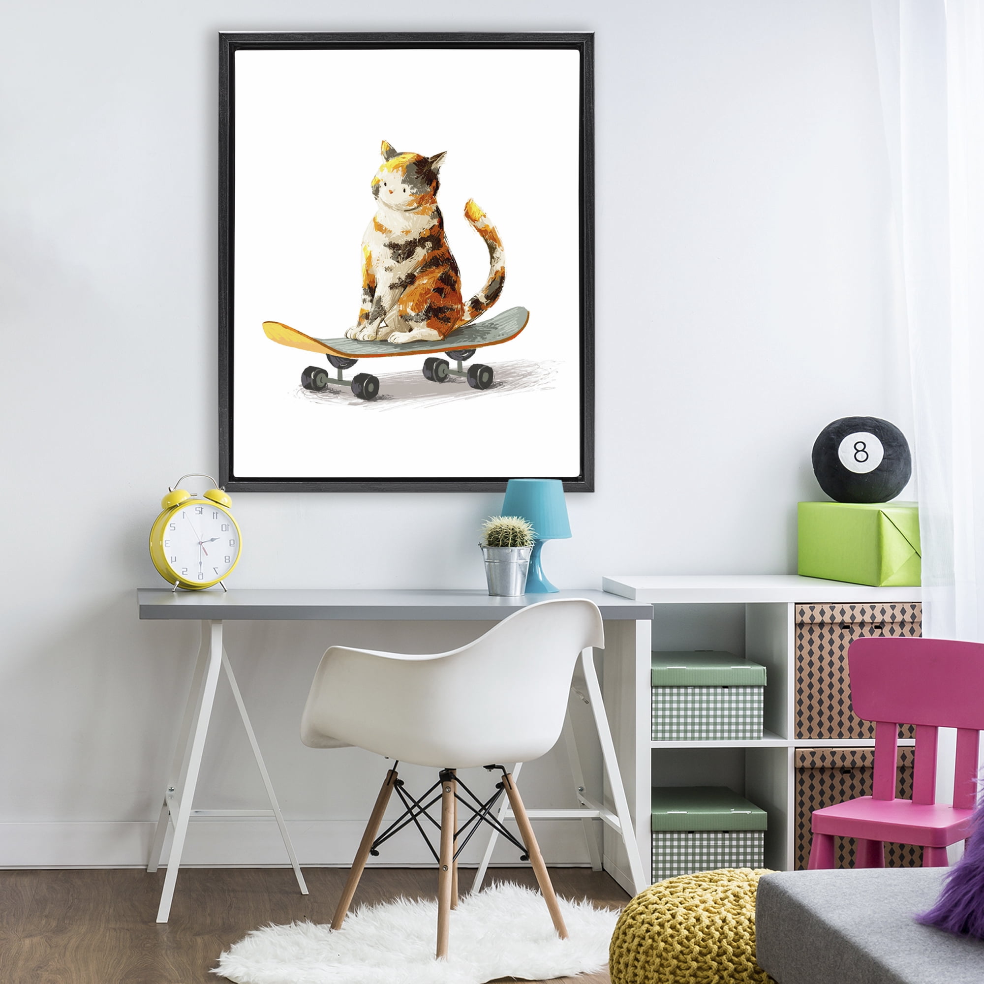 Stupell Industries Calico Cat on a Skateboard Black Framed Floater Canvas Wall Art, design by Ziwei Li