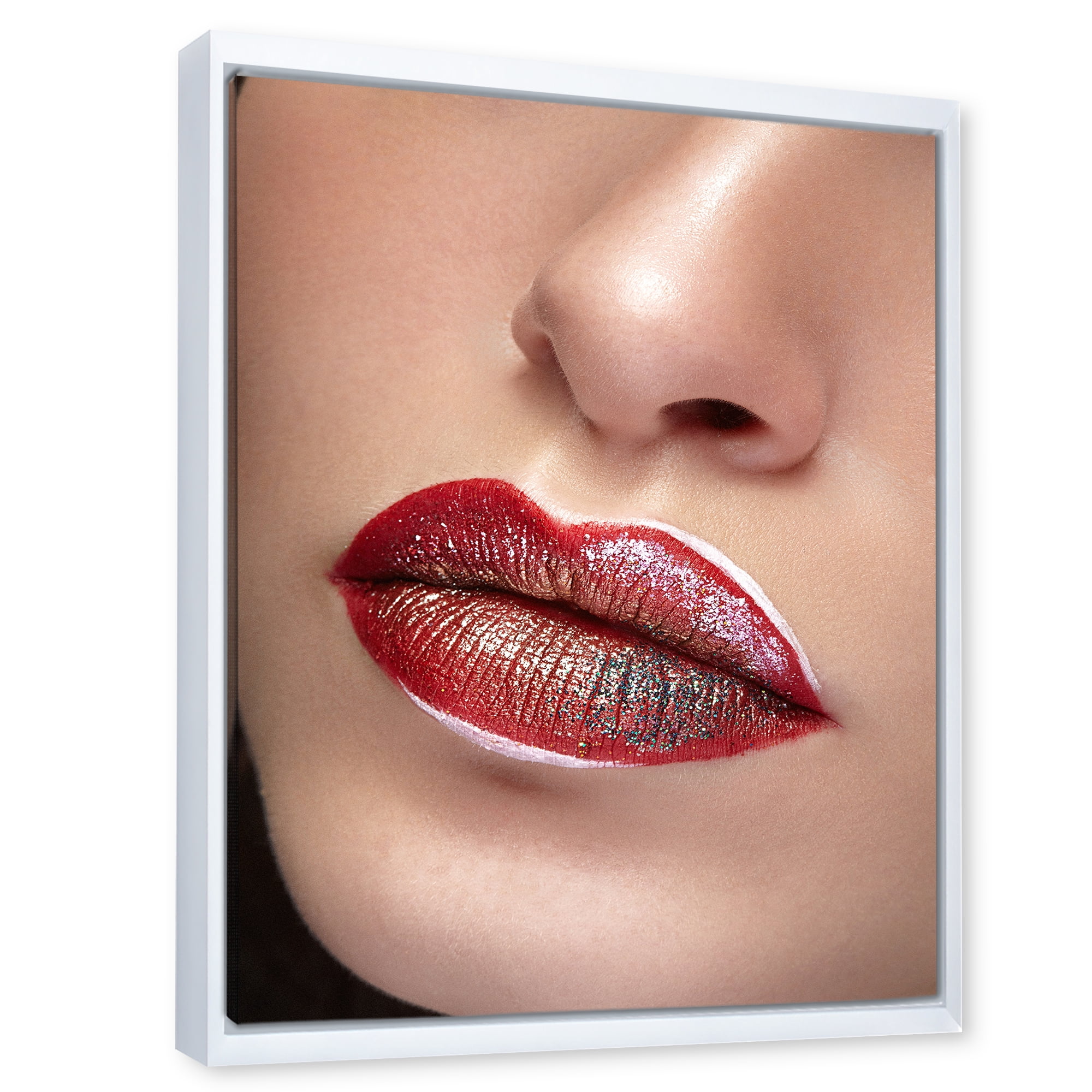 Close Up Lips With Professional Lipstick and Make Up 16 in x 32 in Framed Painting Canvas Art Print, by Designart