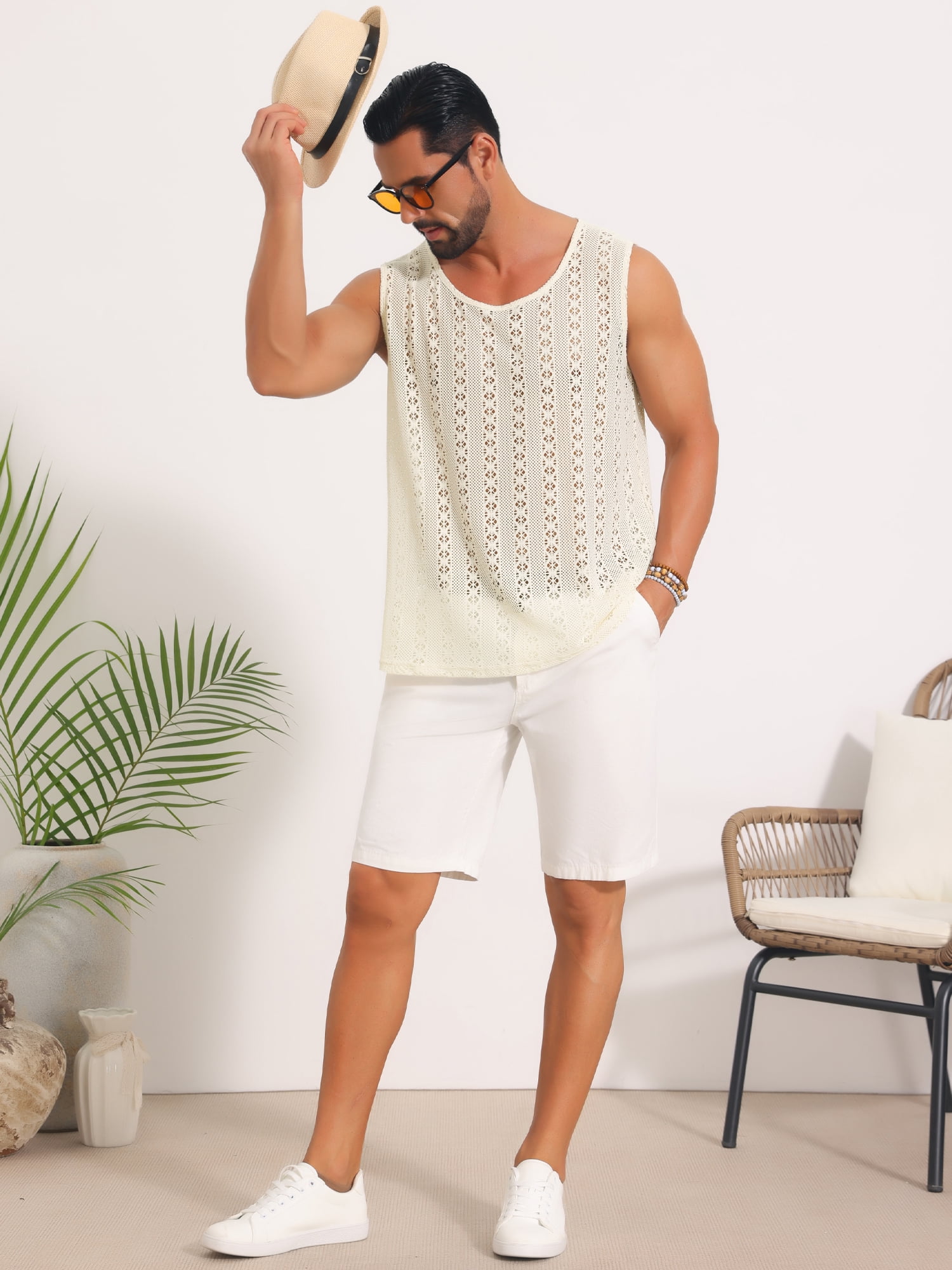 DARING DIVA Men's Lightweight Breathable Crew Neck Sleeveless Sheer Vest 2XL Light Beige