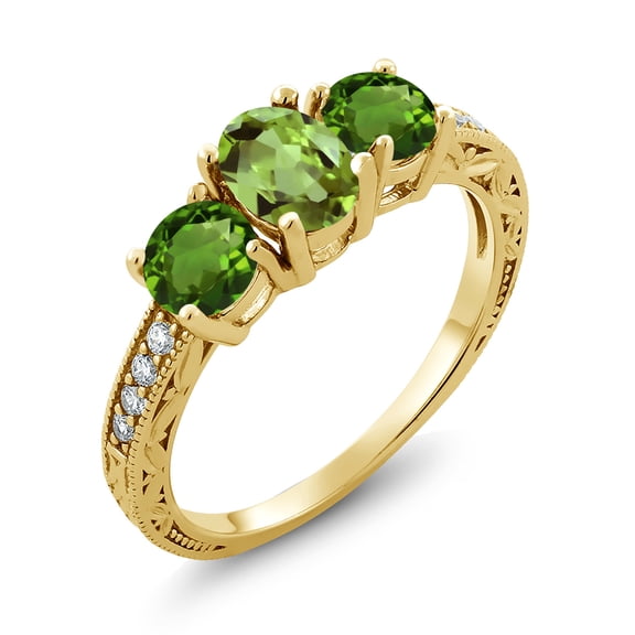 Gem Stone King 2.02 Ct Green Peridot Green Chrome Diopside 18K Yellow Gold Plated Silver Moissanite Ring (Size 5)