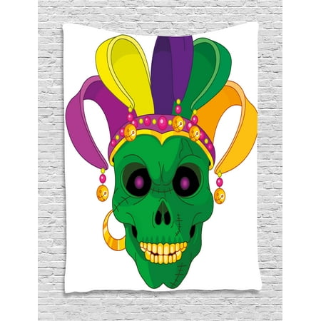 Mardi Gras Tapestry, Scary Looking Green Skull Mask with Carnival Hat Beads and Earring Cartoon Style, Wall Hanging for Bedroom Living Room Dorm Decor, 60W X 80L Inches, Multicolor, by Ambesonne